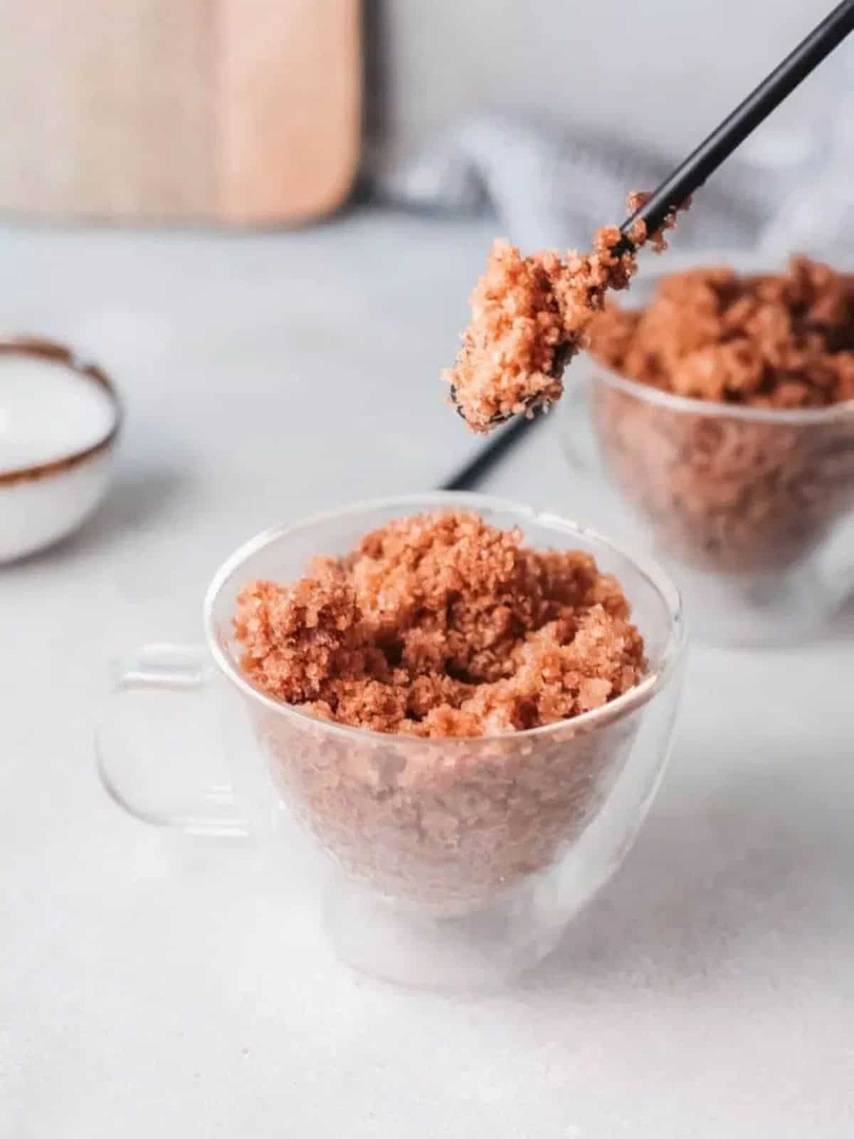 fluffy and grainy coffee granita with a taste of cold brew coffee in a frozen crystal form.