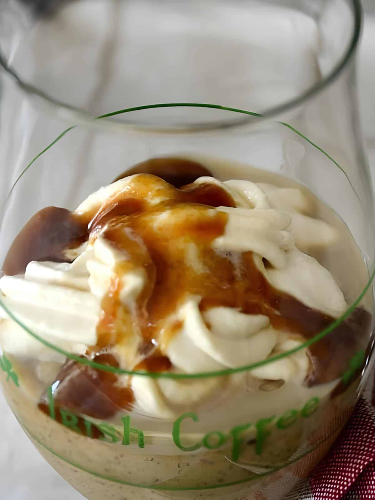 fluffy Irish coffee mousse topped with caramel sauce.