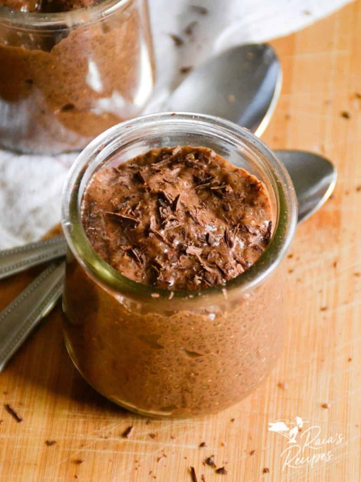 mocha chia pudding in a glass, made with organic cacao, and honey.