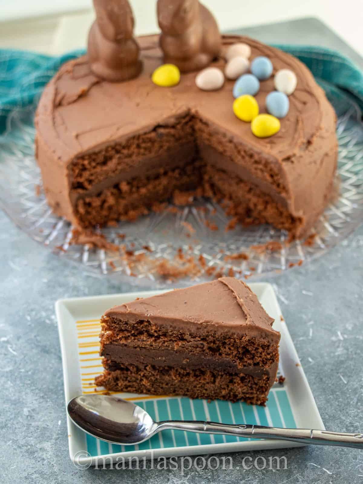 a slice of mocha fudge cake loaded with coffee and chocolate flavors.