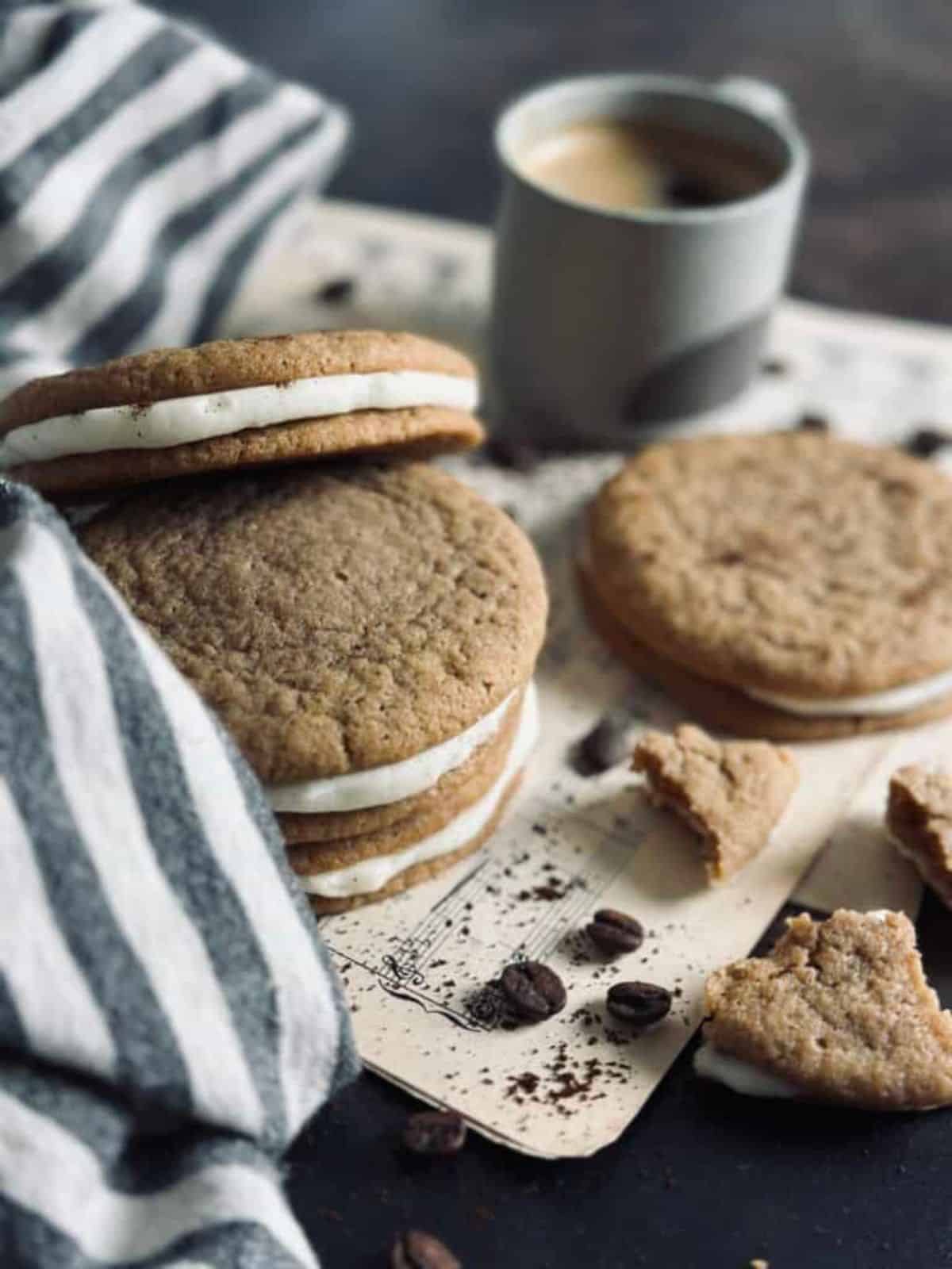soft and chewy sourdough coffee cookies with a creamy mascarpone filling.
