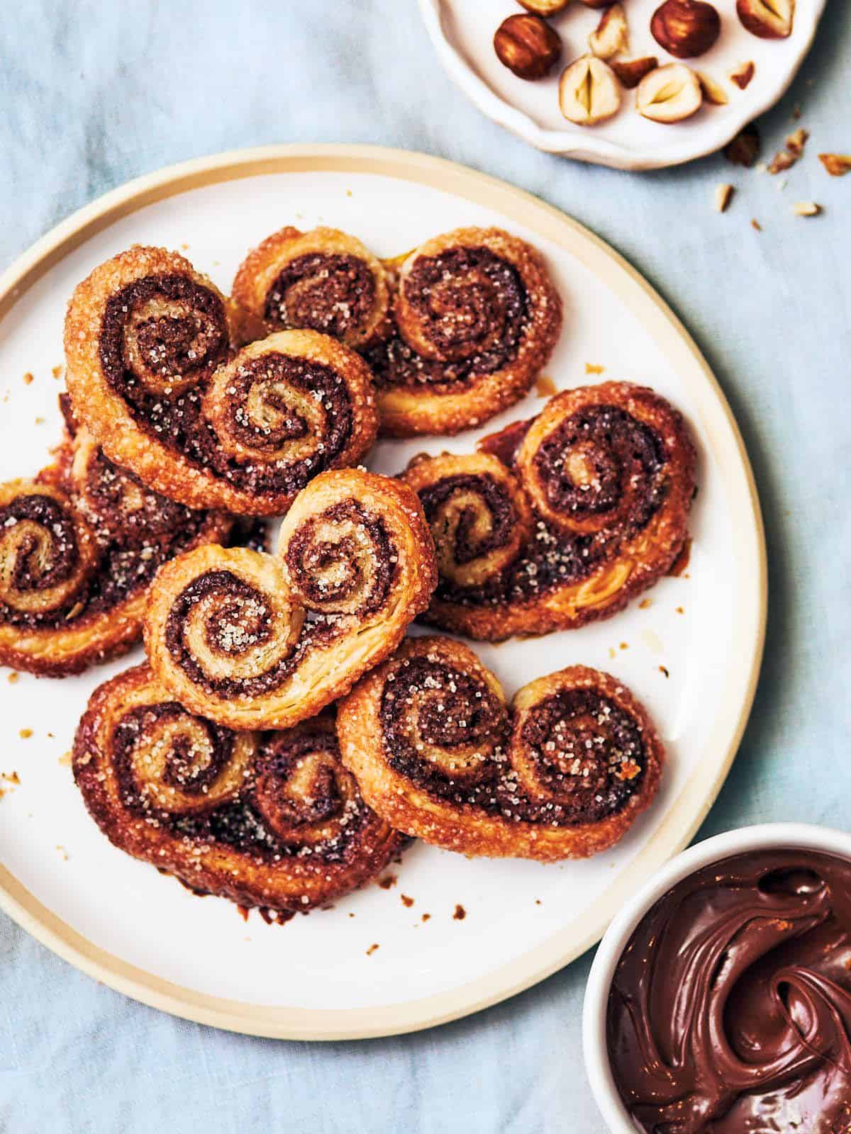 Nutella puff pastry palmiers featuring a buttery puff pastry with chocolate hazelnut swirl.