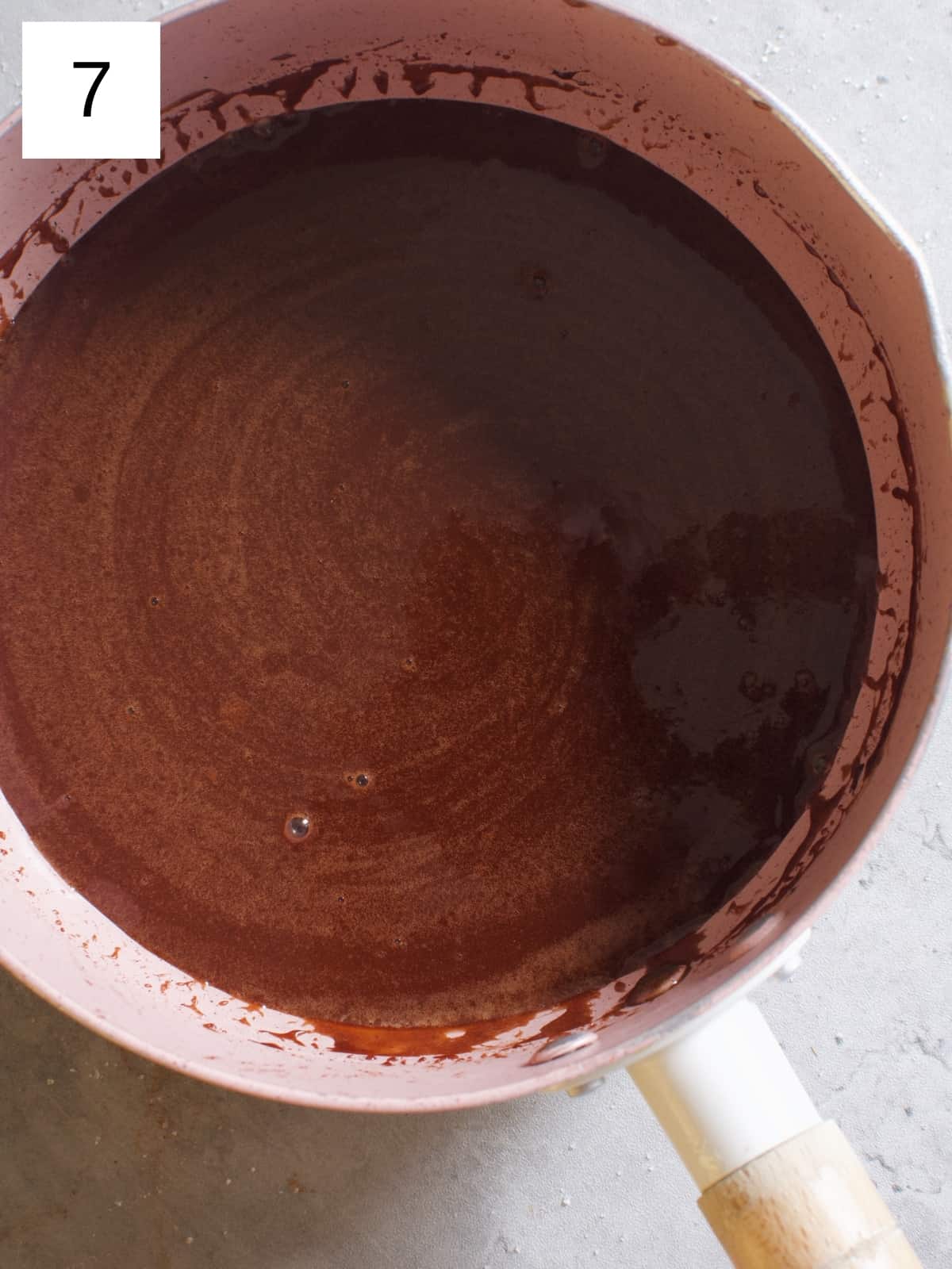 Cooled cocoa mixture in a sauce pan.