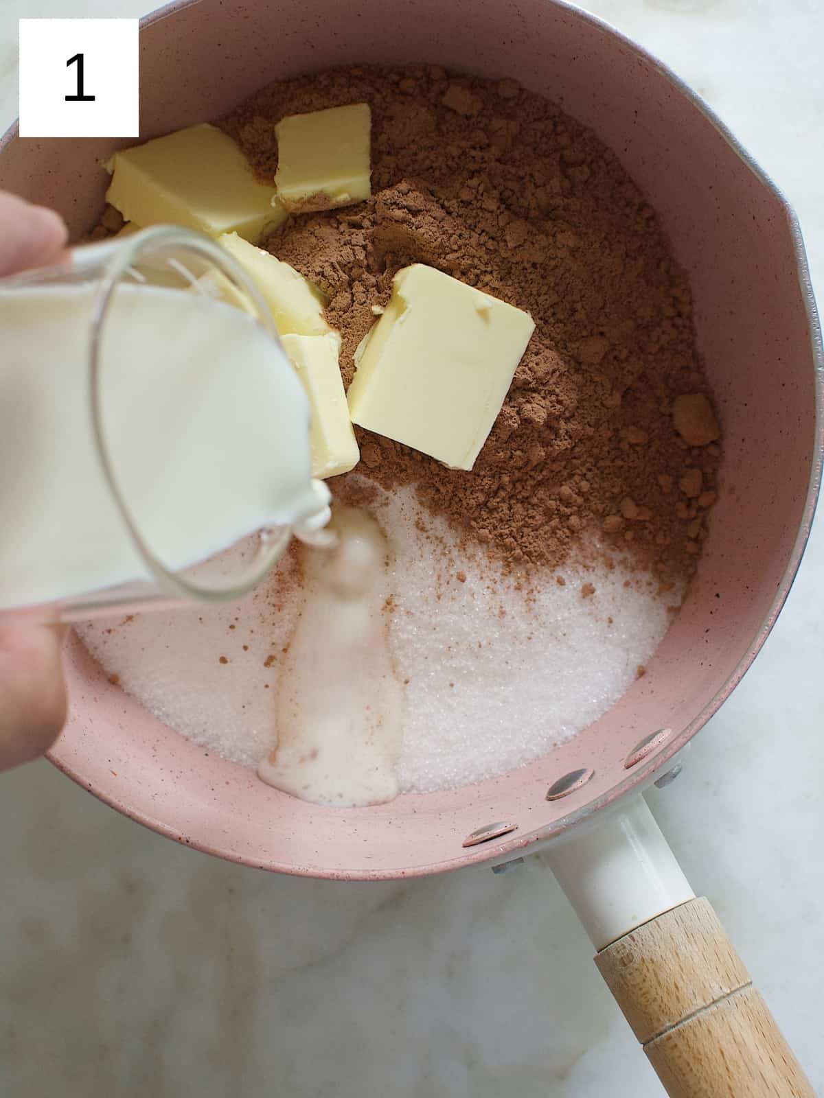 sugar, cocoa powder, butter, and milk in a large pot.