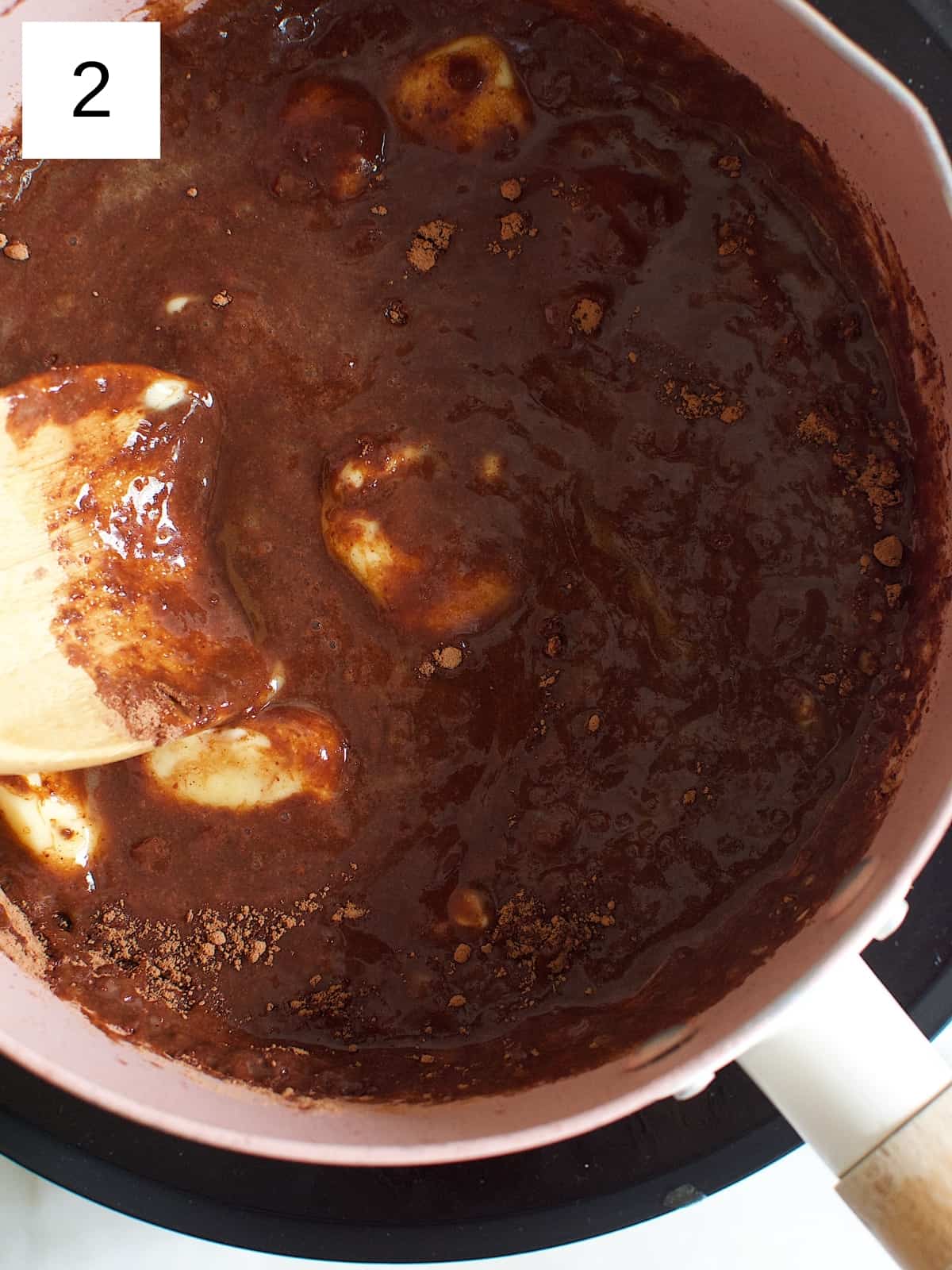 Cocoa mixture and melted butter in a heated nonstick pan.