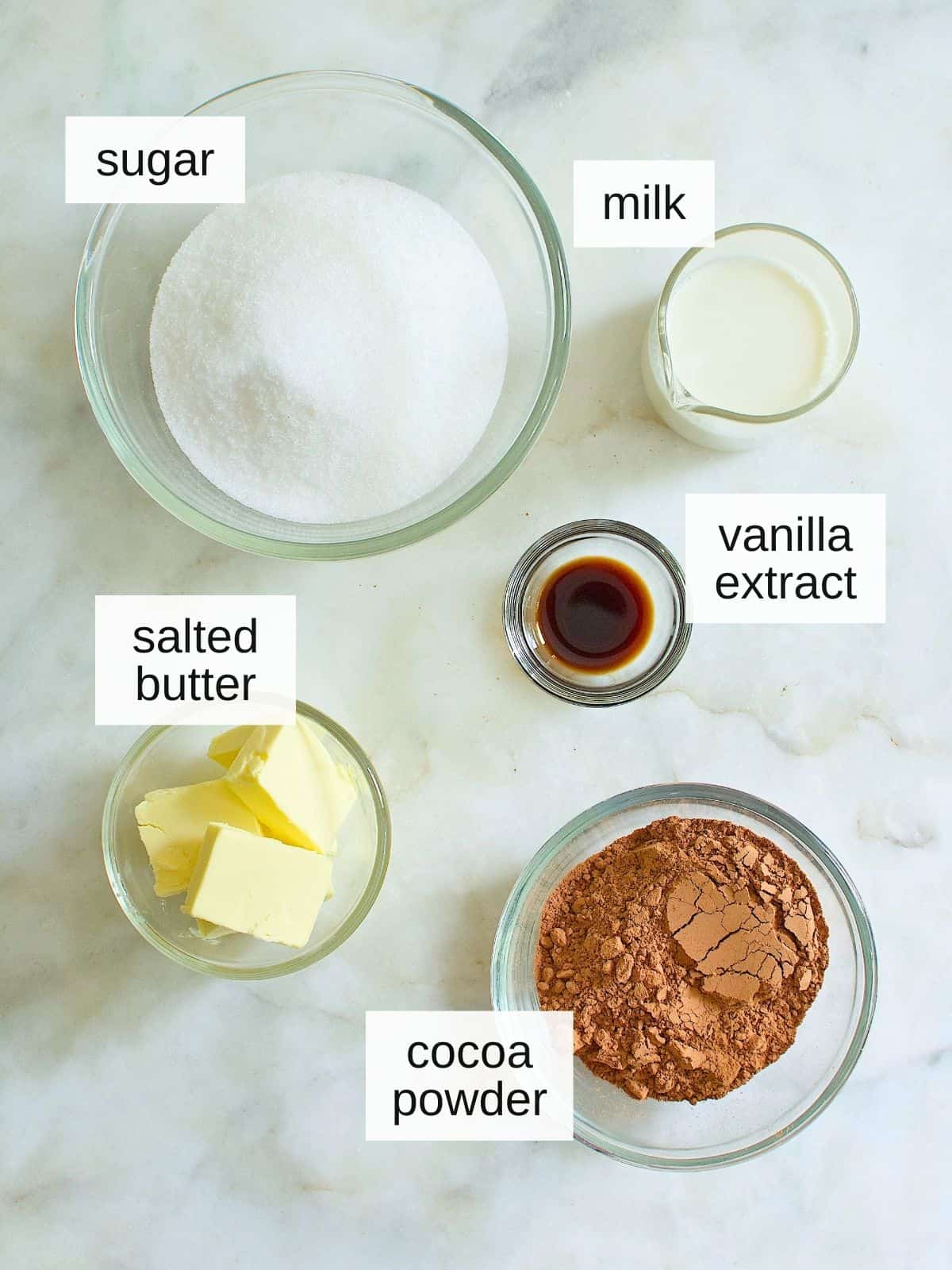 ingredients for hot fudge sauce, including sugar, milk, salted butter, vanilla extract, and cocoa powder.