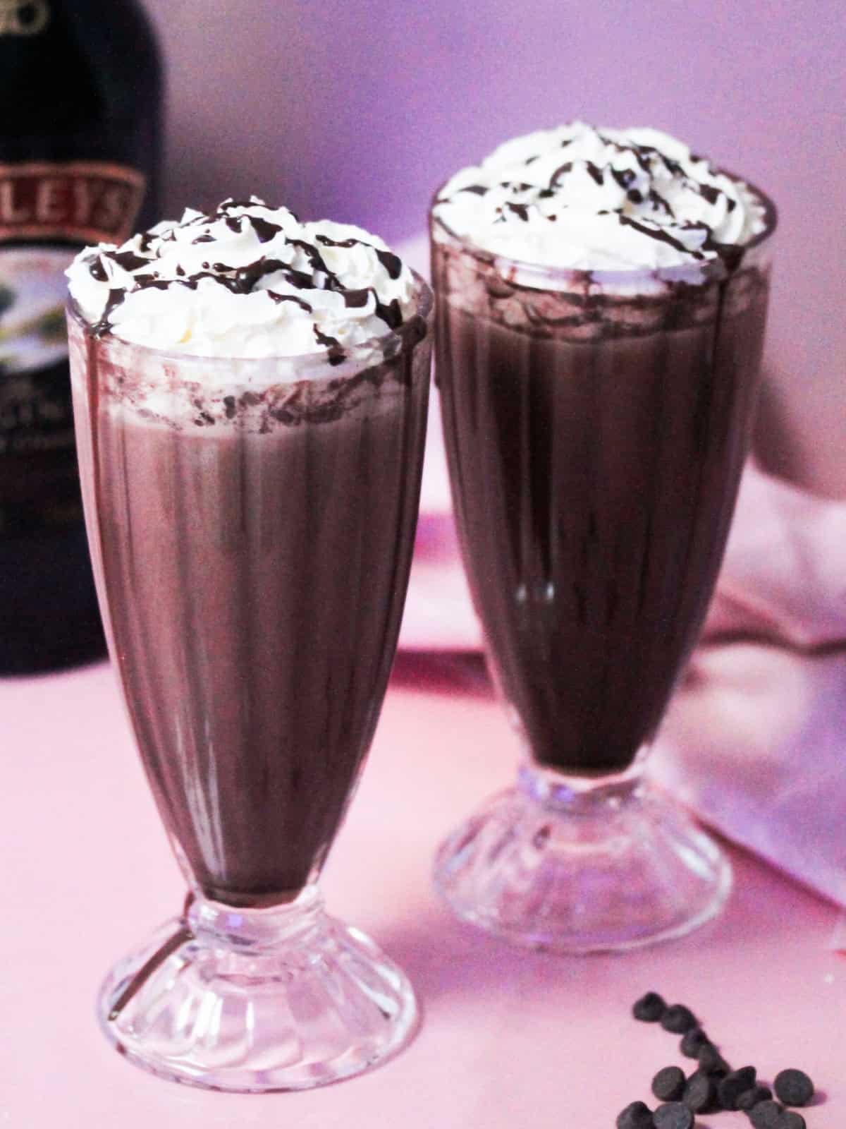 Baileys Hot Chocolate with chocolate syrup and whipped cream.