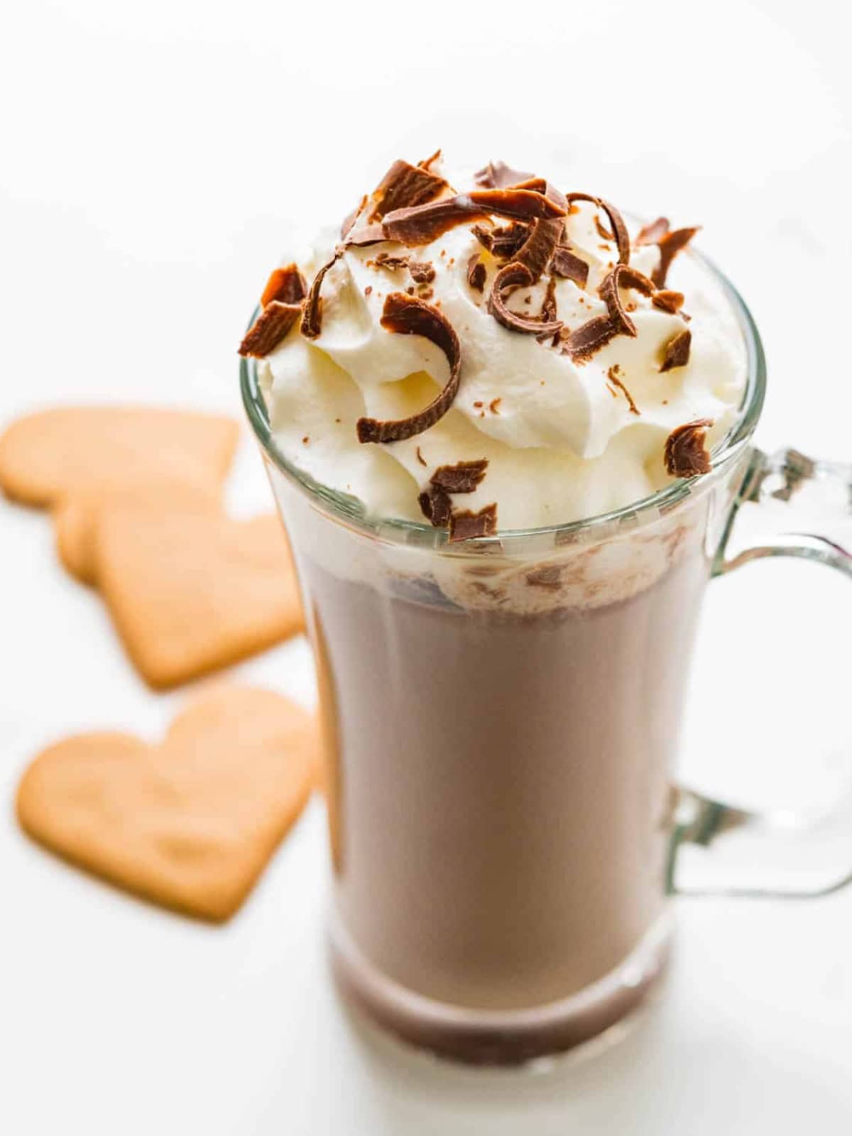 Irish mocha latte topped with whipped cream and chocolate shredding.
