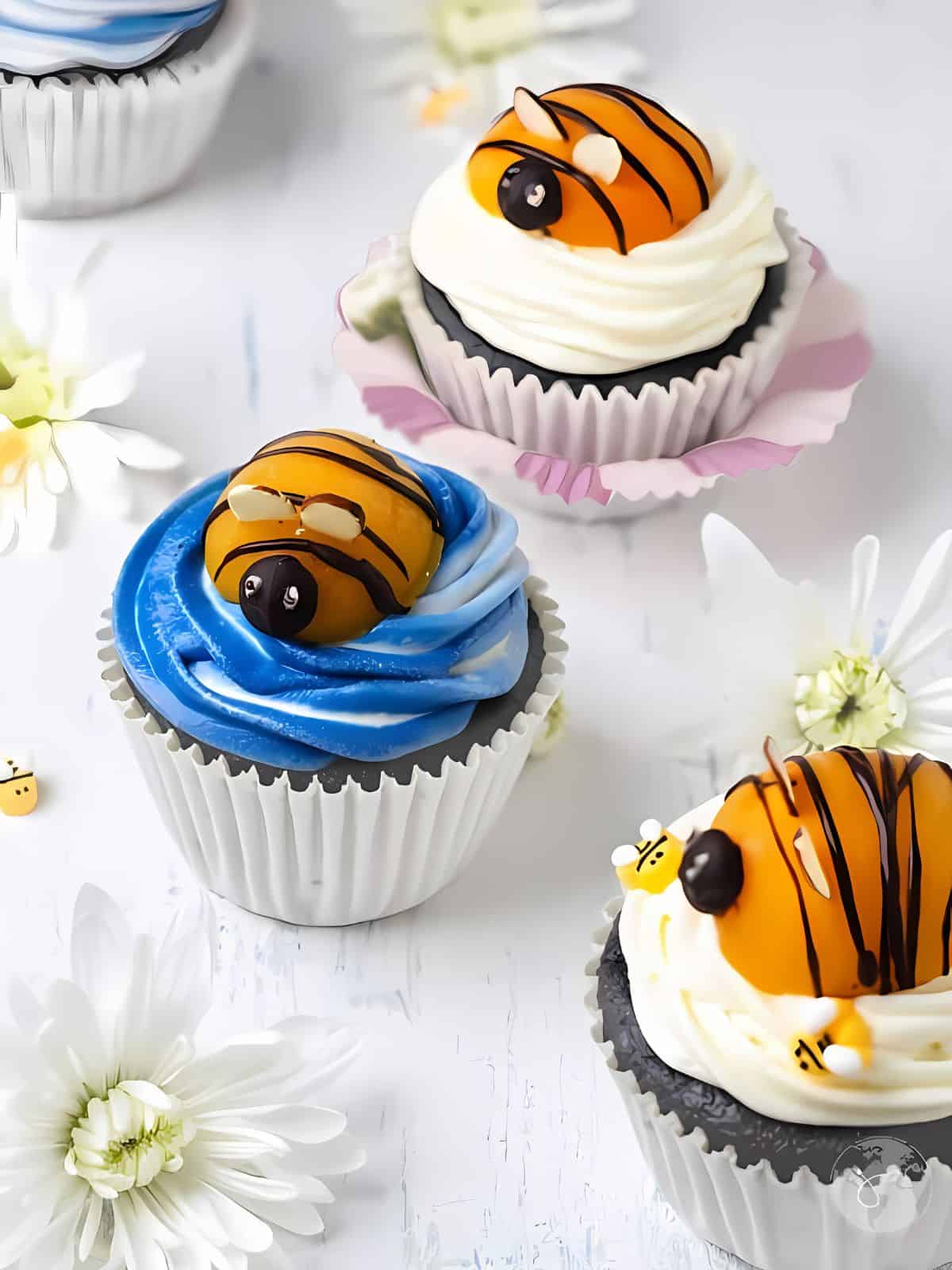Bumblebee themed chocolate cupcakes.