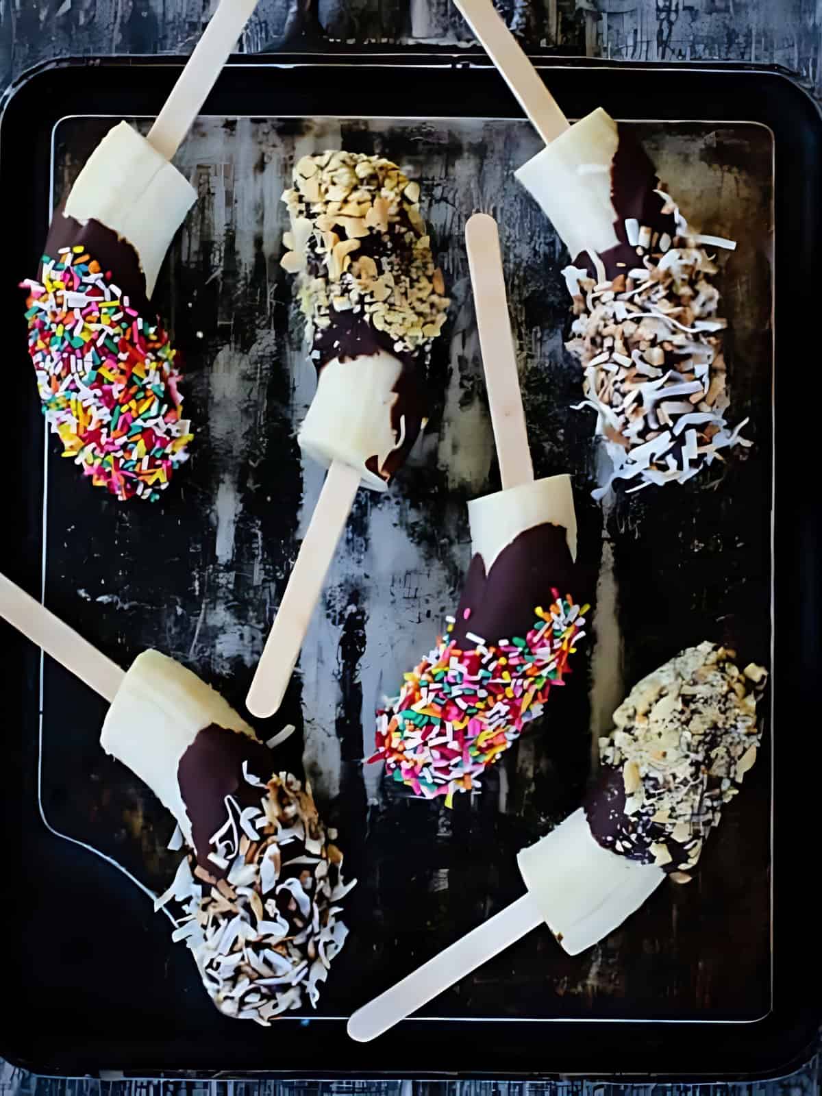 Frozen banana pops on a popsicle stick covered with chocolate and a variety of sprinkled sweets.