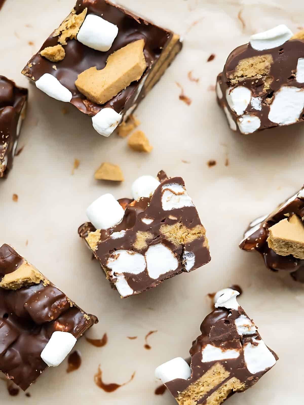 Square cute of smores rocky road on a baking sheet.