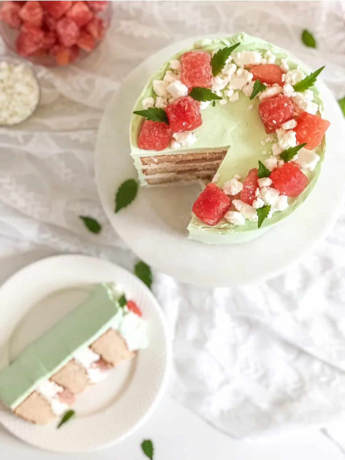 A dreamy watermelon mint Feta cake on a plate.