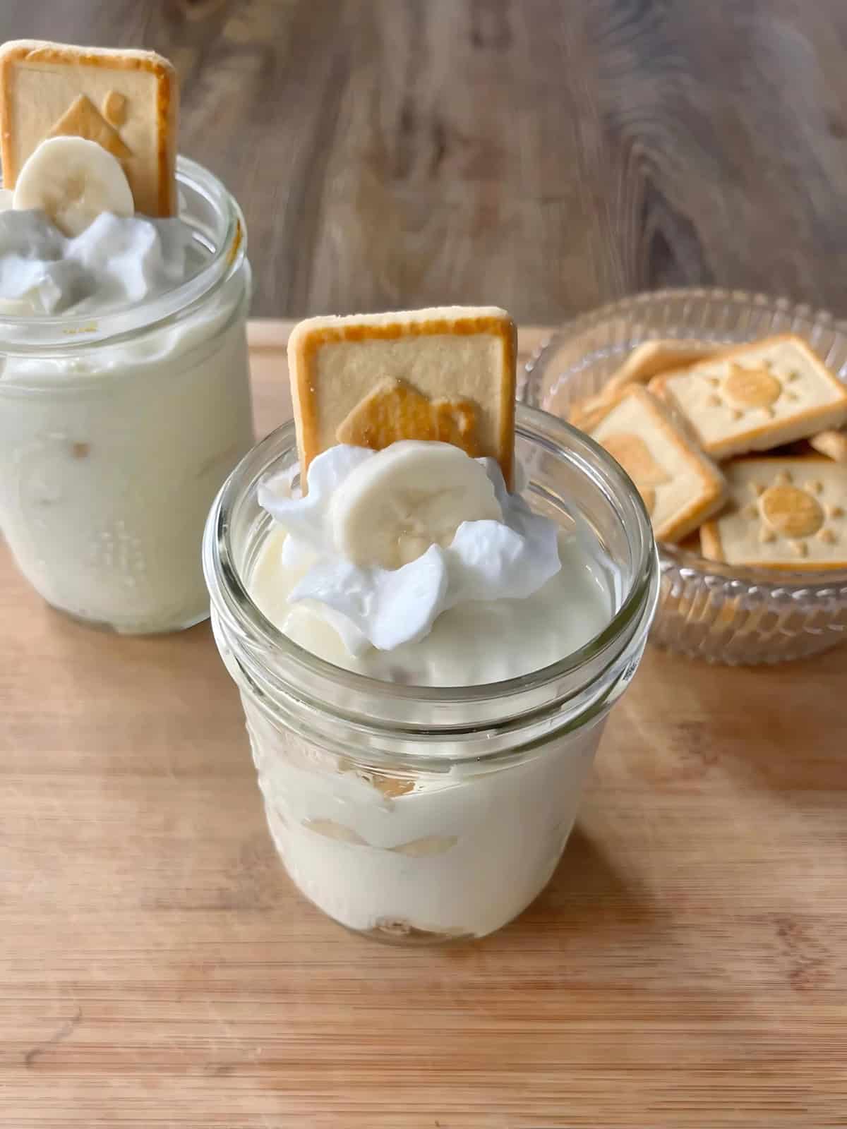 Banana pudding with Chessmen cookies and a dash of whipped cream.