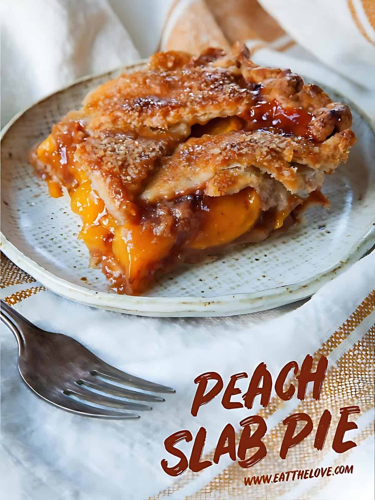 A slice of caramelized peach slab pie on a plate.