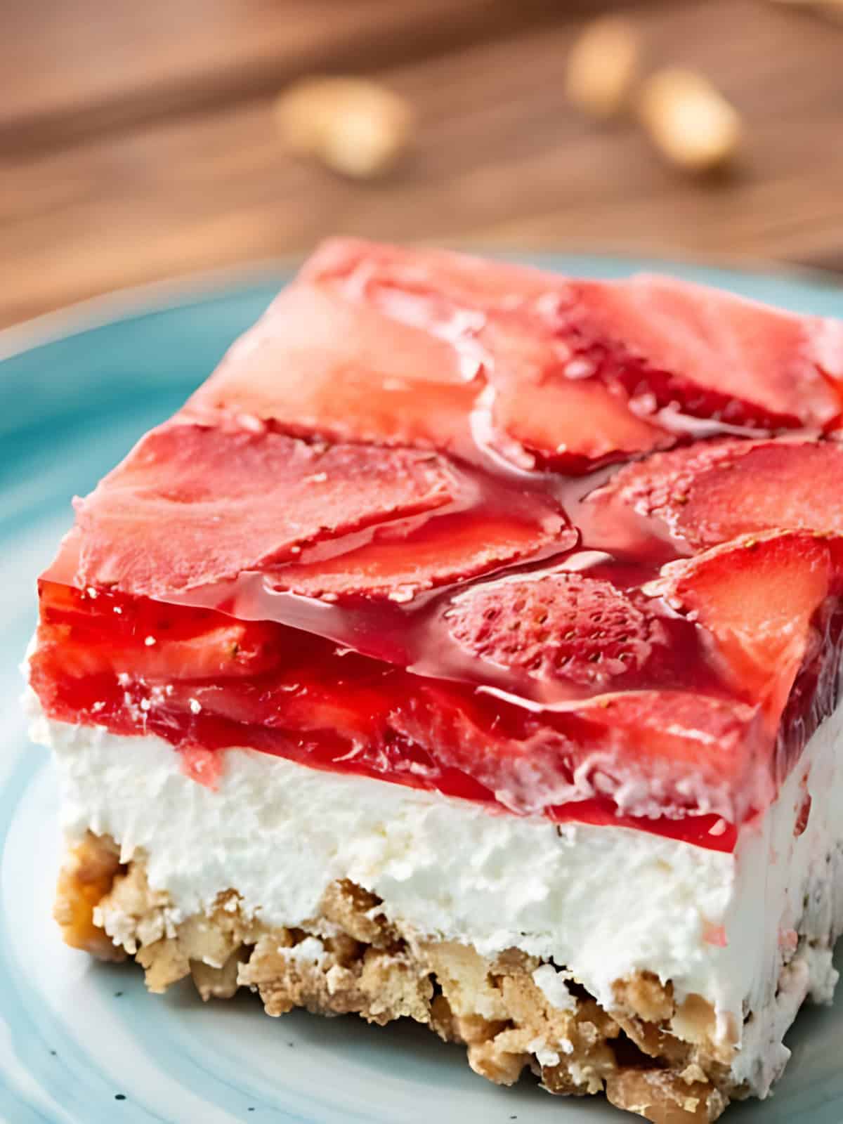 A cube size cut of Strawberry Pretzel Salad layered with strawberry jelly, cream, and pretzel bits on a plate.