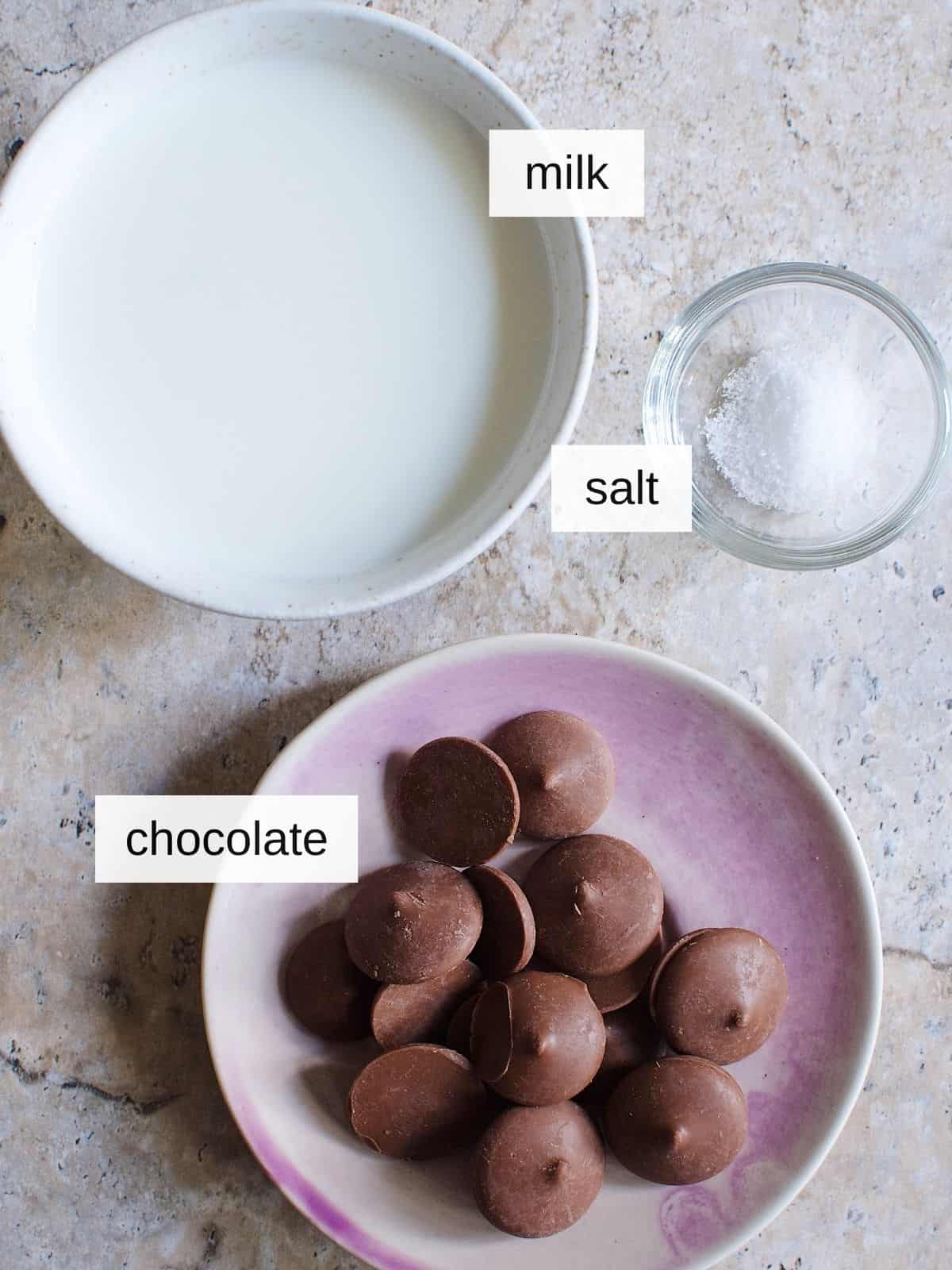 ingredients for hot chocolate recipe without cocoa powder, including milk, chocolates, and salt.