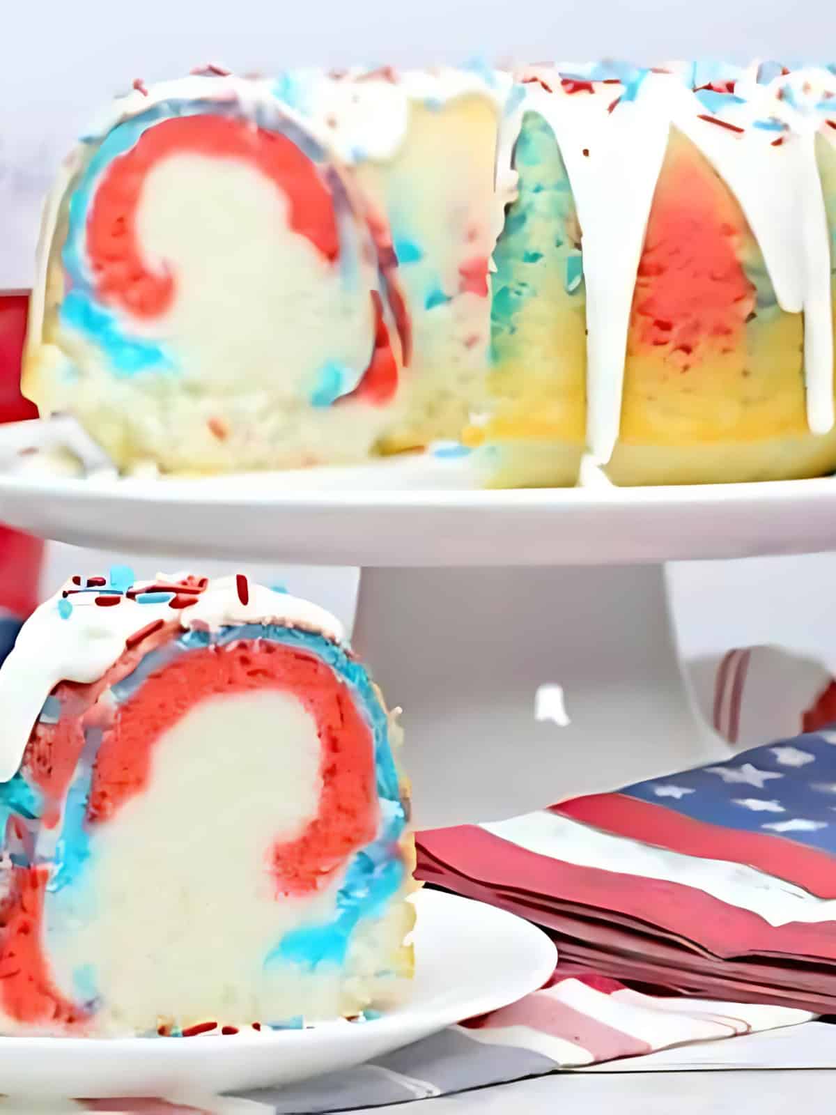 4th of July themed patriotic bundt cake being displayed.