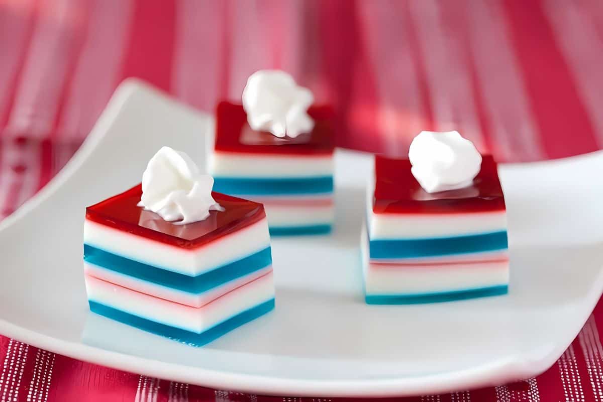 A plate of Red white and blue jello.