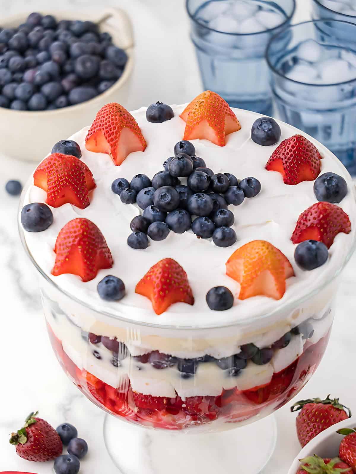 4th of July themed red white and blue trifle topped with blueberries and strawberries.