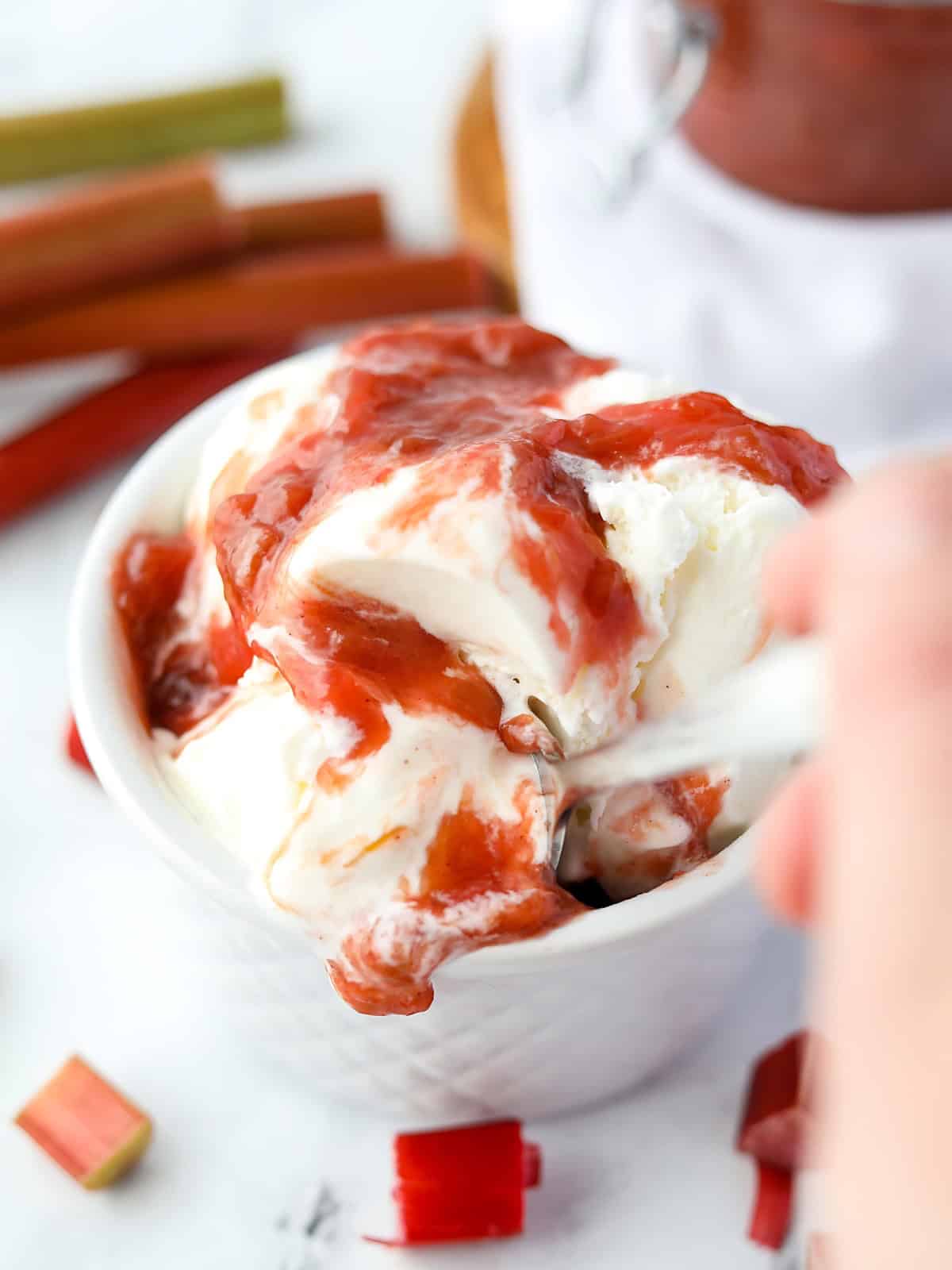 An icecream topped with rhubarb sauce.