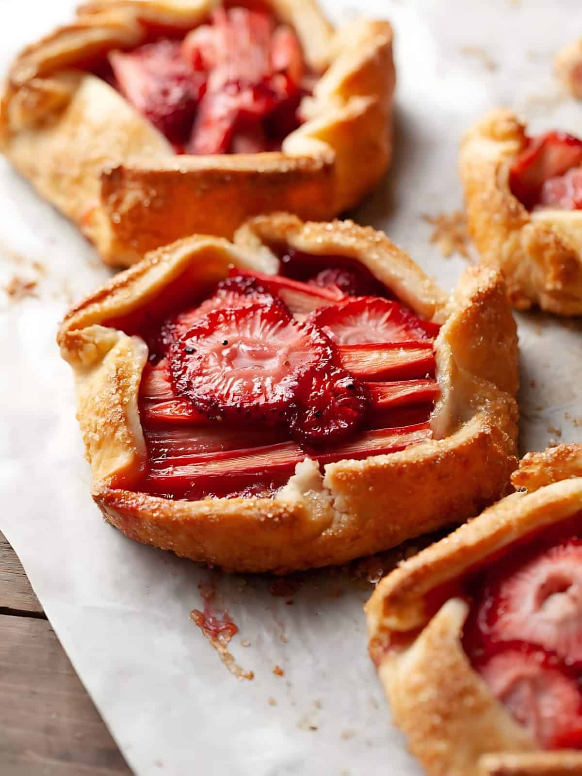 Strawberry rhubarb galettes on a baking paper.