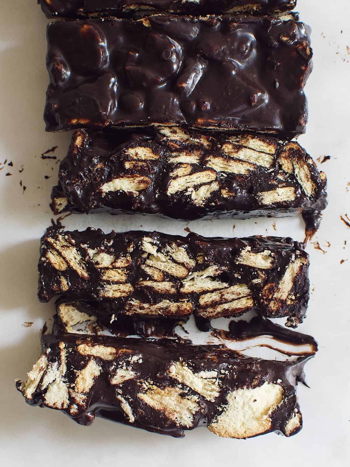 Bars of chocolate lazy cake.