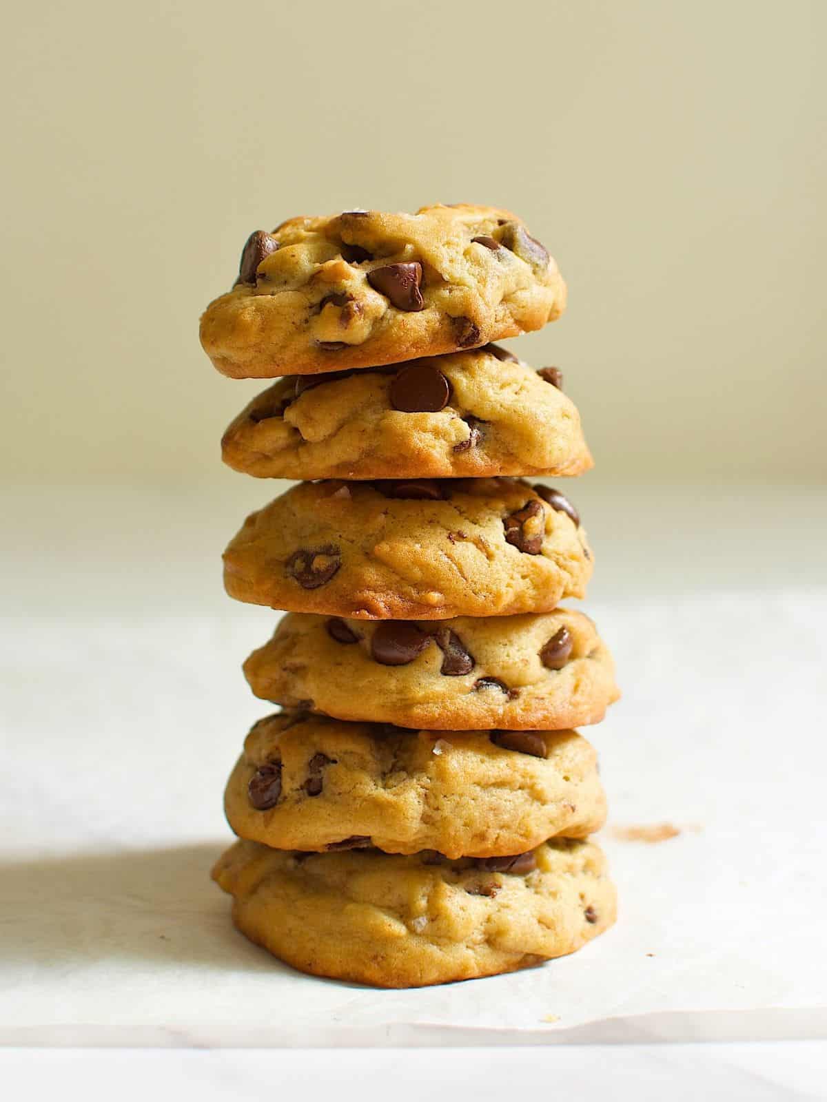 Stacked maple syrup chocolate chip cookies.