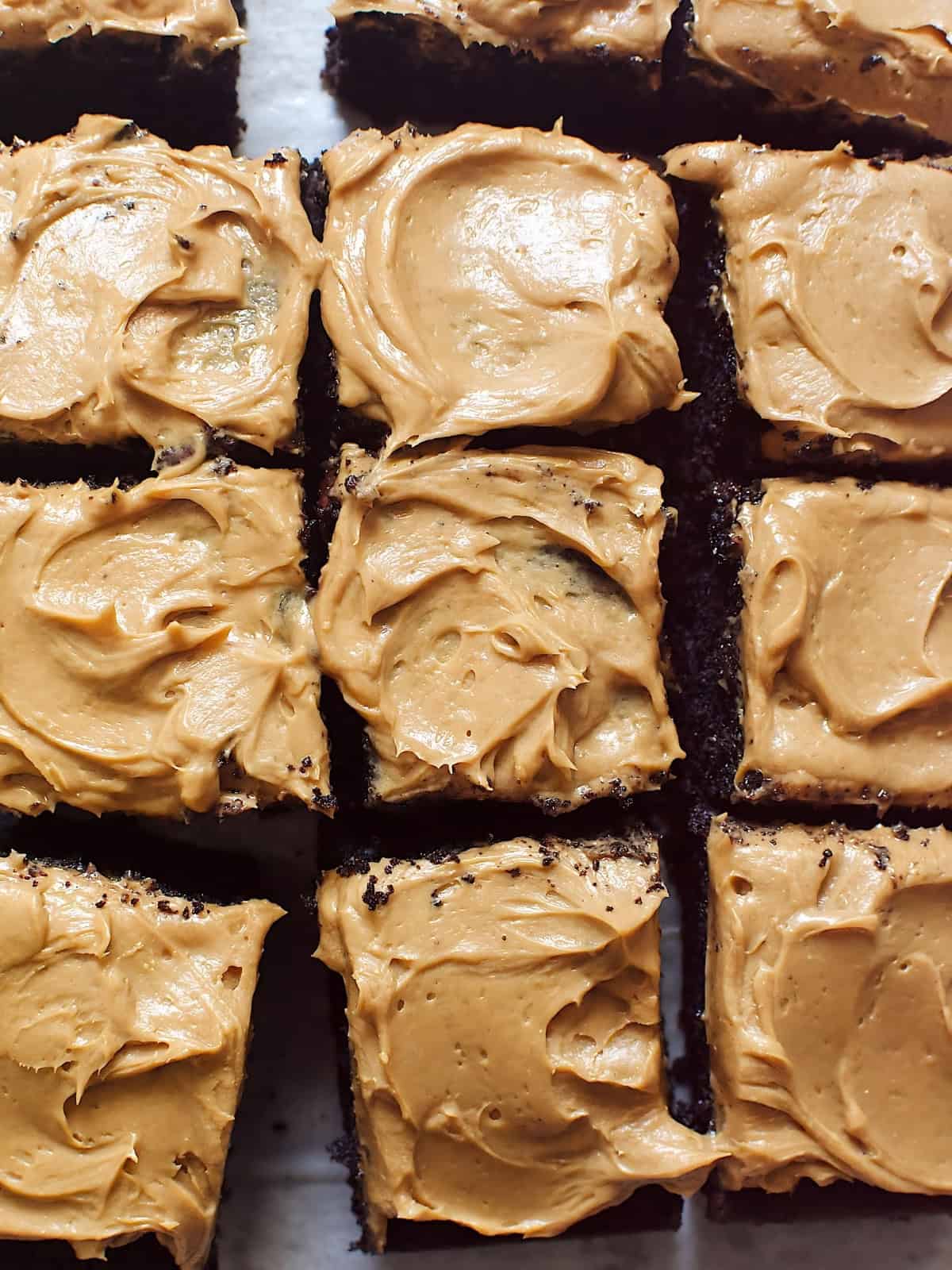 Square cut cakes topped with whipped chocolate ganache.