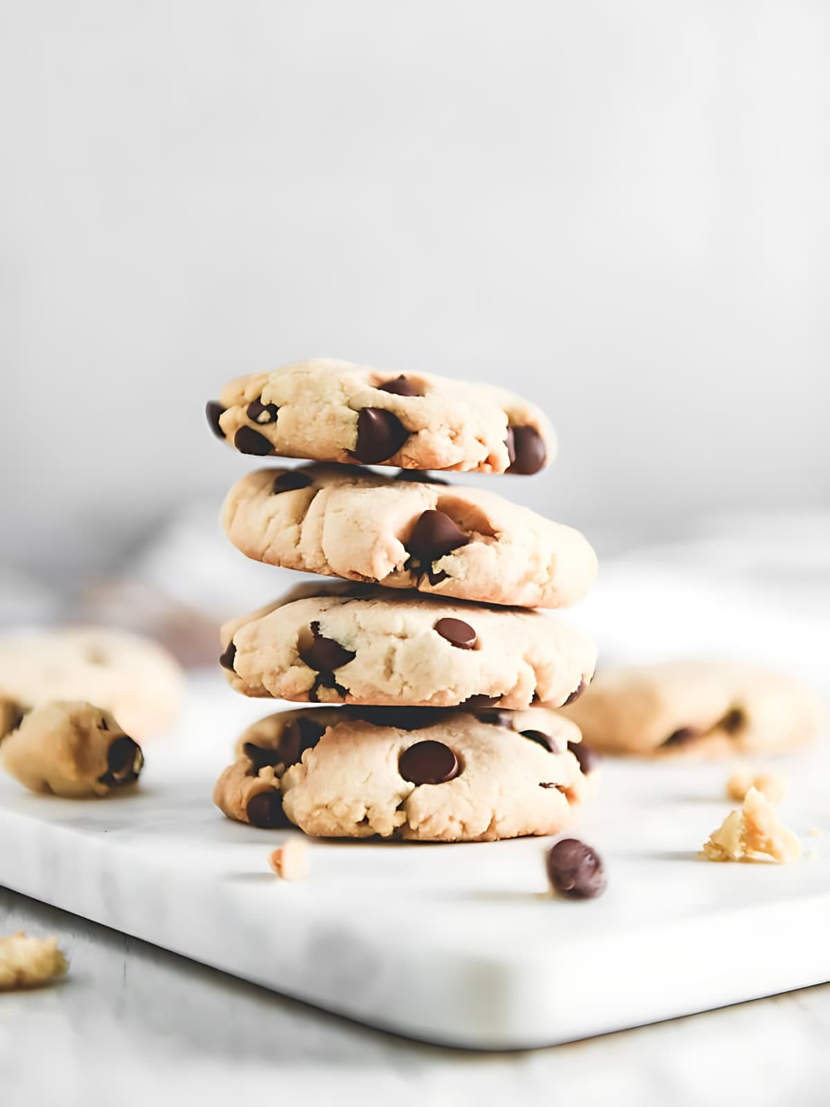 Stacked almond flour chocolate chip cookies.