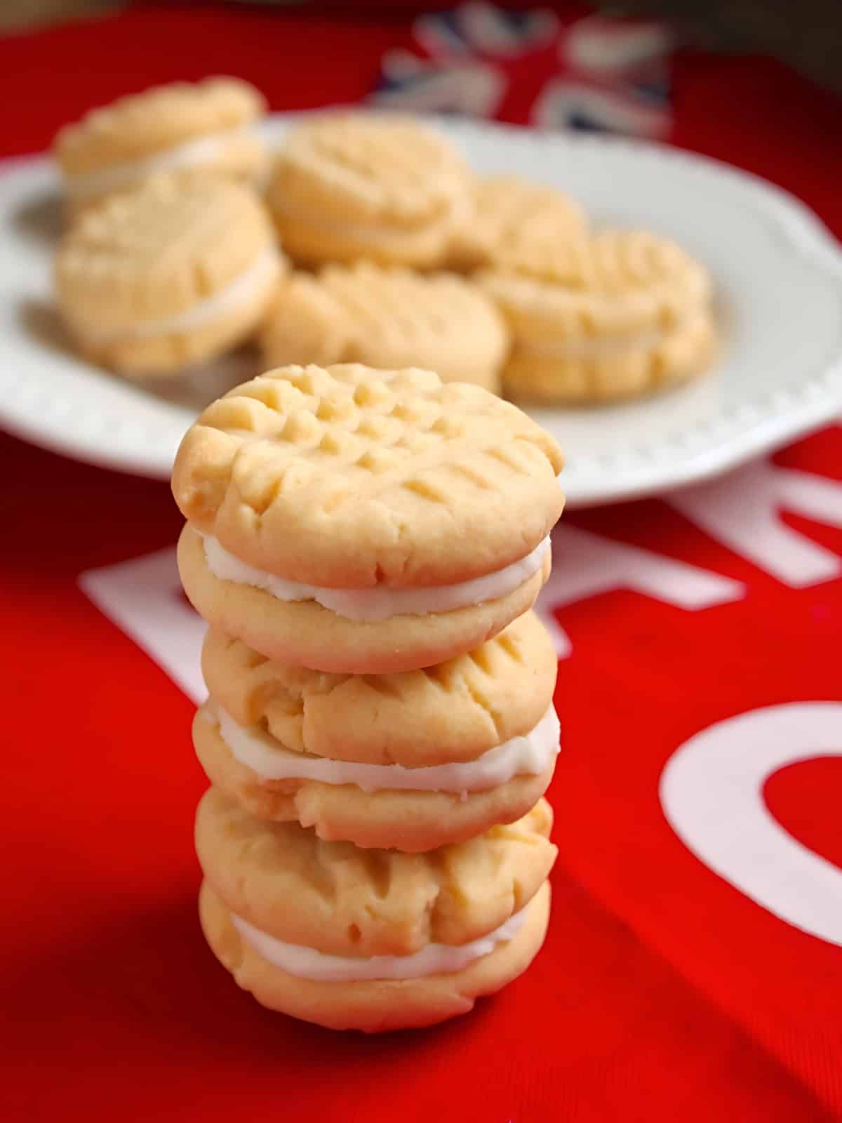 Stacked custard creams.