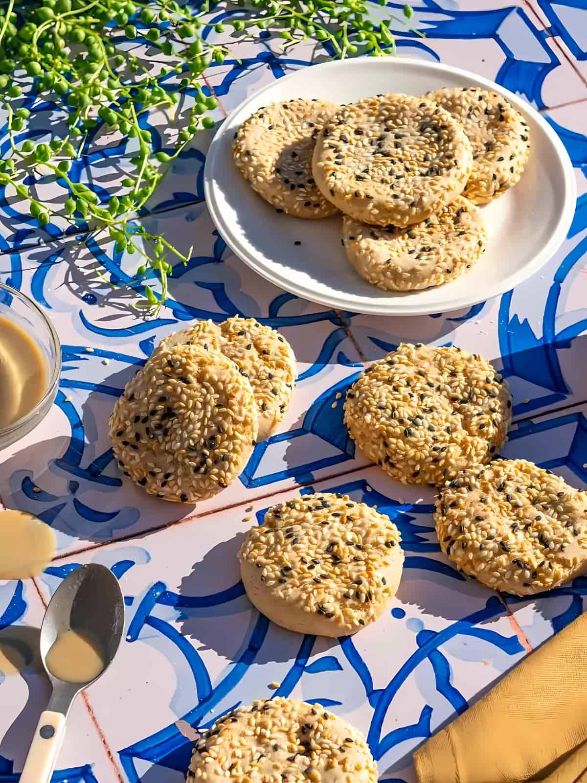 Sourdough tahini honey cookies topped with cookies.