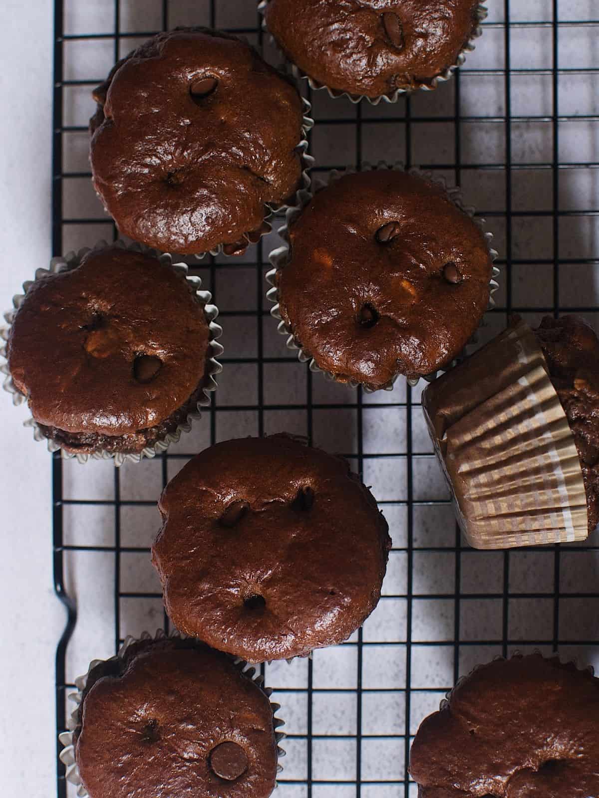 A bunch of banana chocolate protein muffins on a tray.