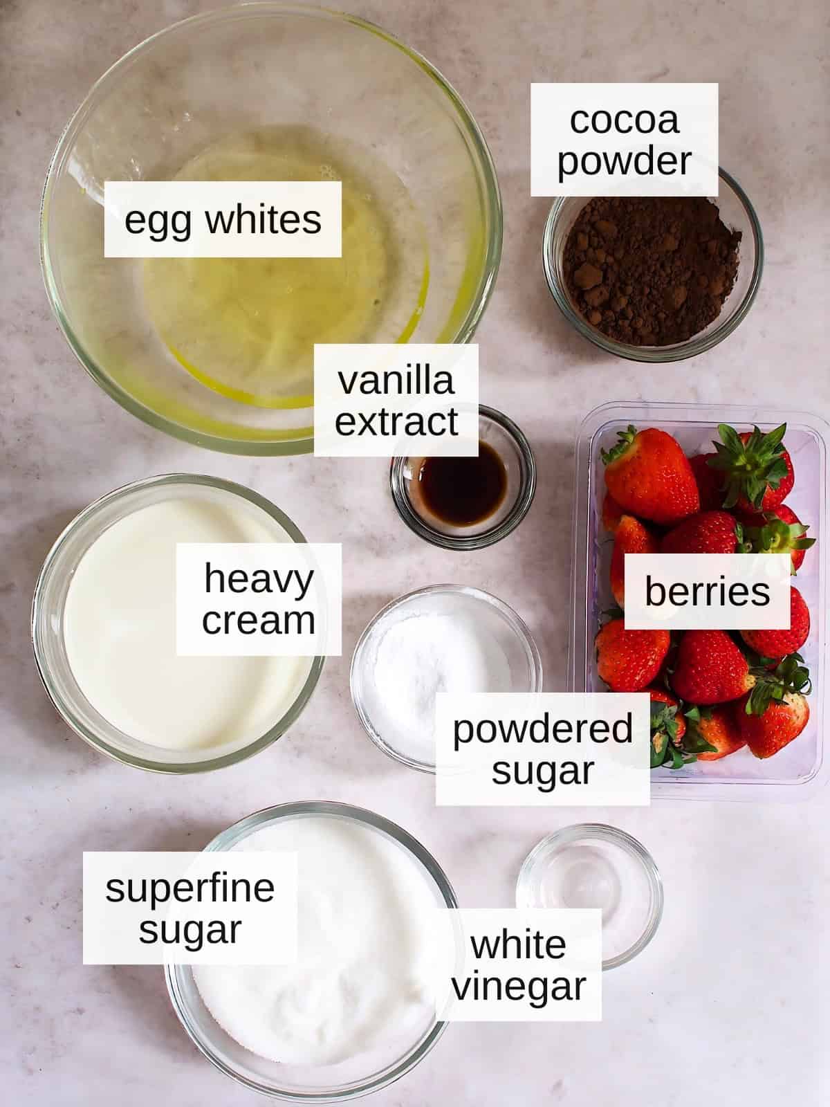 Chocolate eton mess recipe ingredients with egg whites, cocoa powder, vanilla extract, heavy cream, berries, powdered sugar, superfine sugar, and white vinegar.