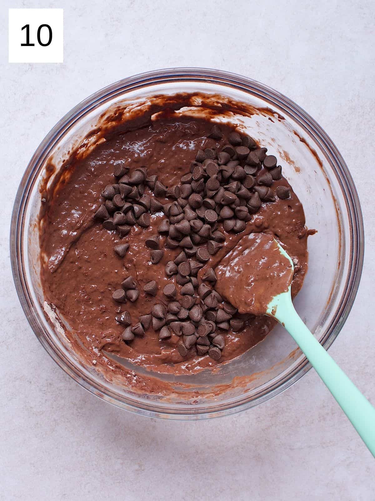 Chocolate pancakes batter with chocolate chips in a bowl.