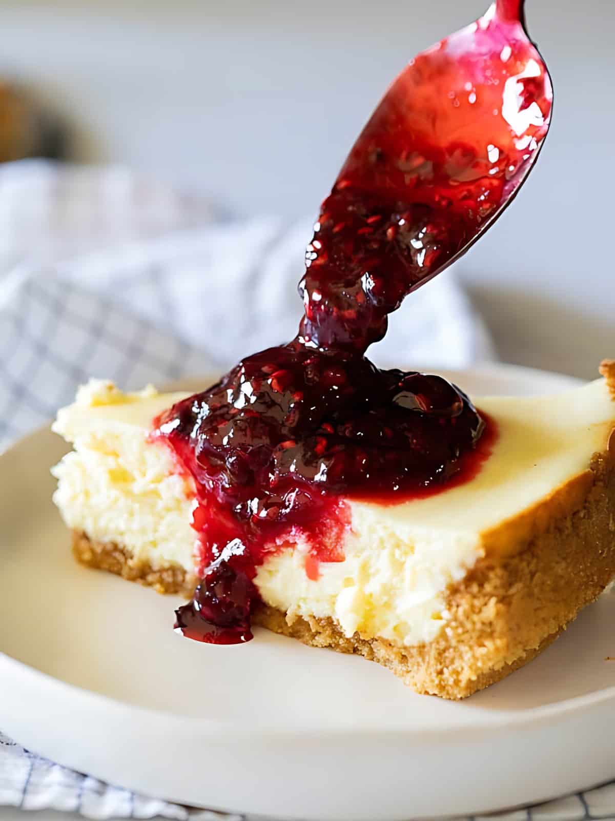 A slice of cheesecake being drizzled with strawberry jam.