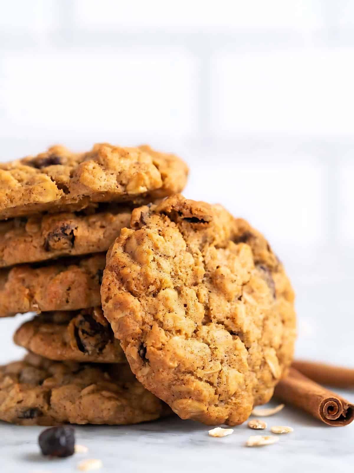 Stack off oatmeal cookies being displayed.