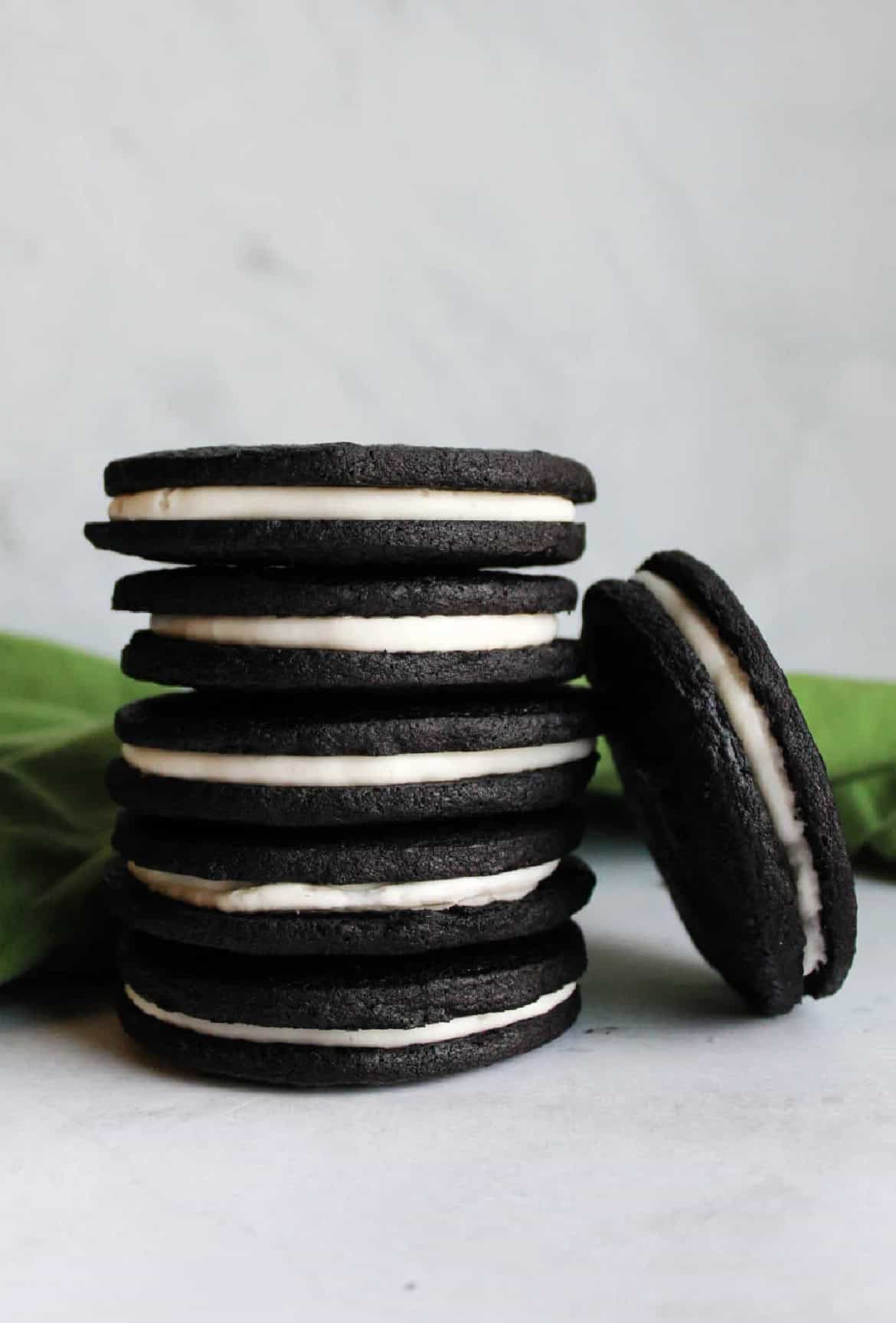 A stack of homemade oreo cookies.