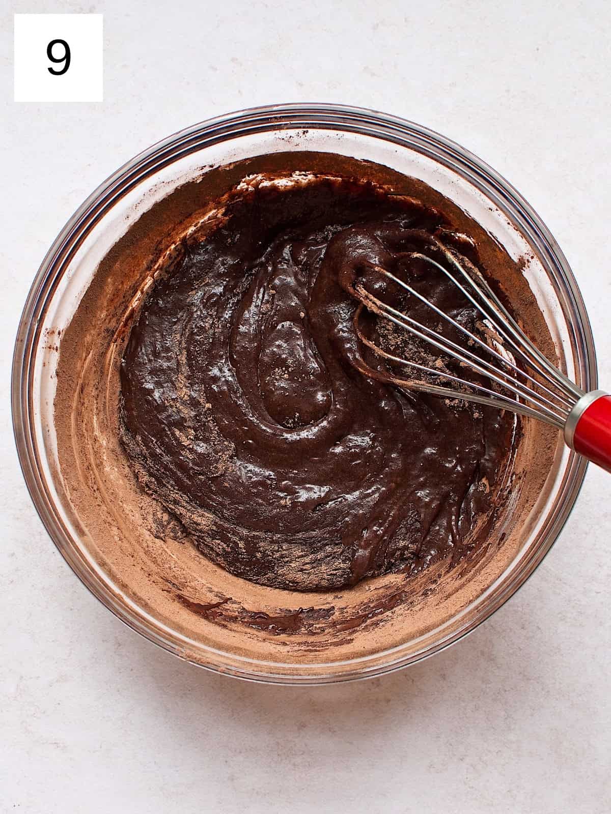 step 9 of making brownie cookies, featuring a smooth, blended cookie batter mixture.