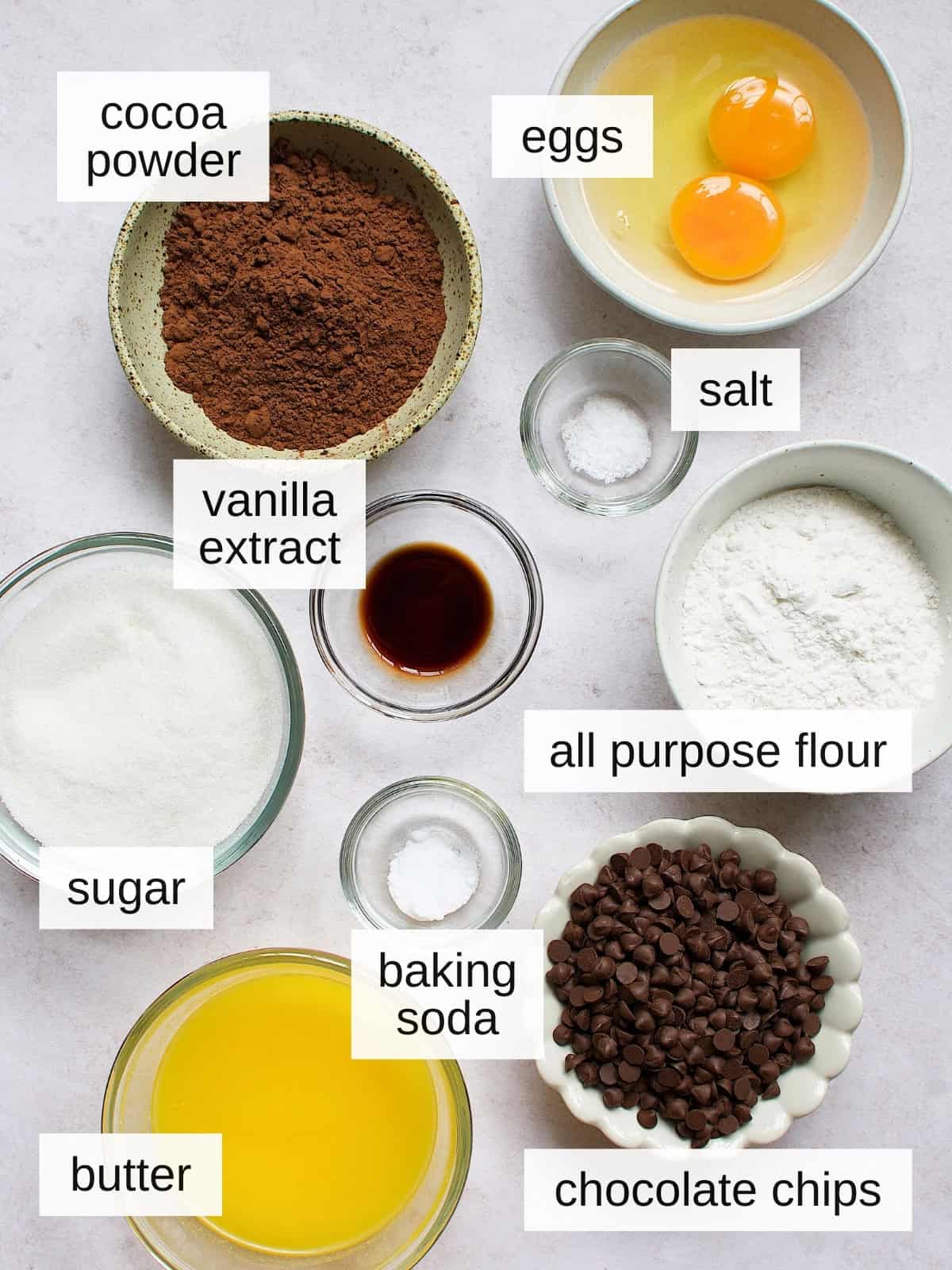 ingredients for brownie cookies, including cocoa powder, eggs, salt, vanilla extract, all purpose flour, sugar, baking soda, butter, and chocolate chips.