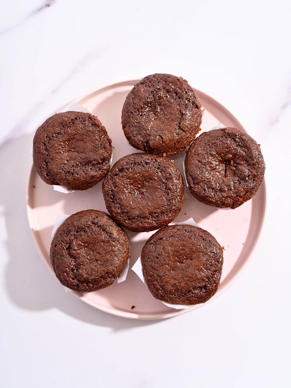 A plate of freshly baked moist chocolate cupcakes, showcasing their soft texture and rich chocolate flavor.

